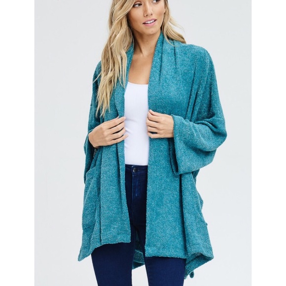 KSC Sweaters - ADDIE Turquoise Terry Oversized Open Cardigan KSC Sweaters - ADDIE Turquoise Terry Oversized Open Cardigan